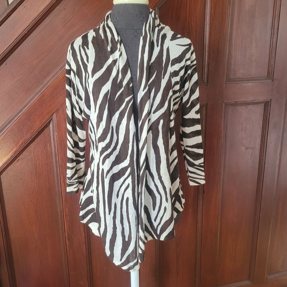 August Silk Zebra Print Cardigan Open Front 3/4 Sleeve Medium